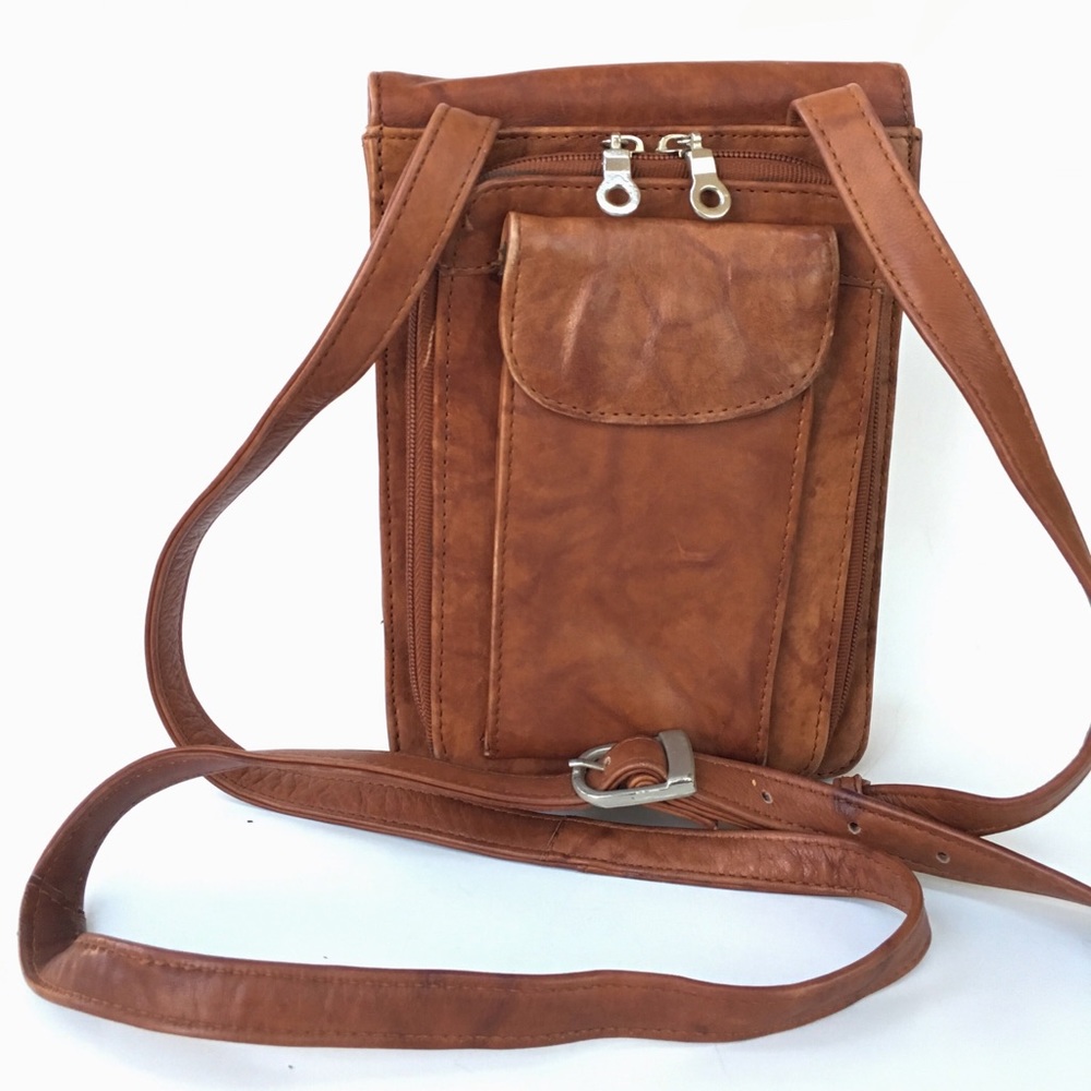 EAST WEST Leather Crossbody-Travel Organizer-Brwn - Picture 2 of 8